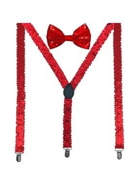 Men AB Elastic Band Red Sequin Suspender With Maching Polyester Bowtie